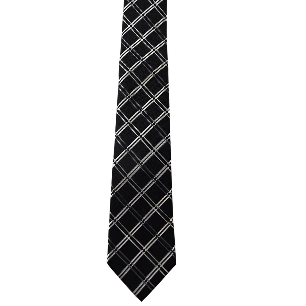 JF J.Ferrar Tie Black Silver Plaid Polyester Classic Men's Necktie Corporate Mod